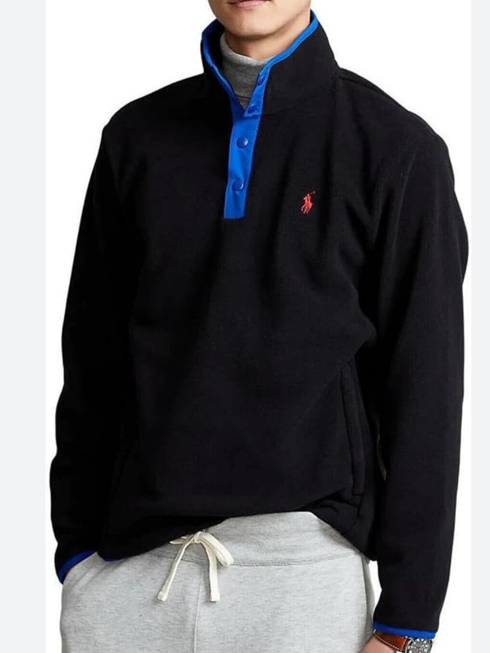 POLO RALPH LAUREN MENS PULLOVER SNAP FLEECE BLACK BLUE LARGE